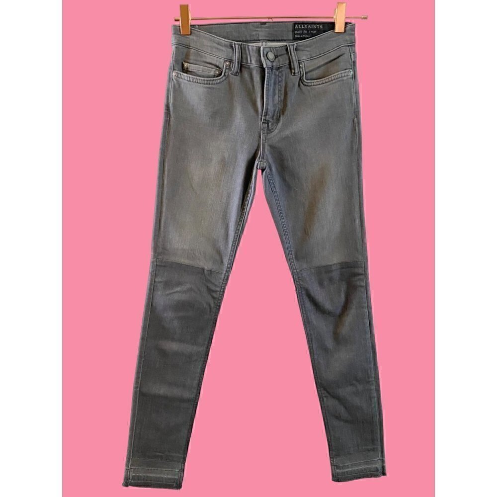 ALLSAINTS Mast Panel Skinny Jeans Gray Raw Hem Stretch Women’s 27